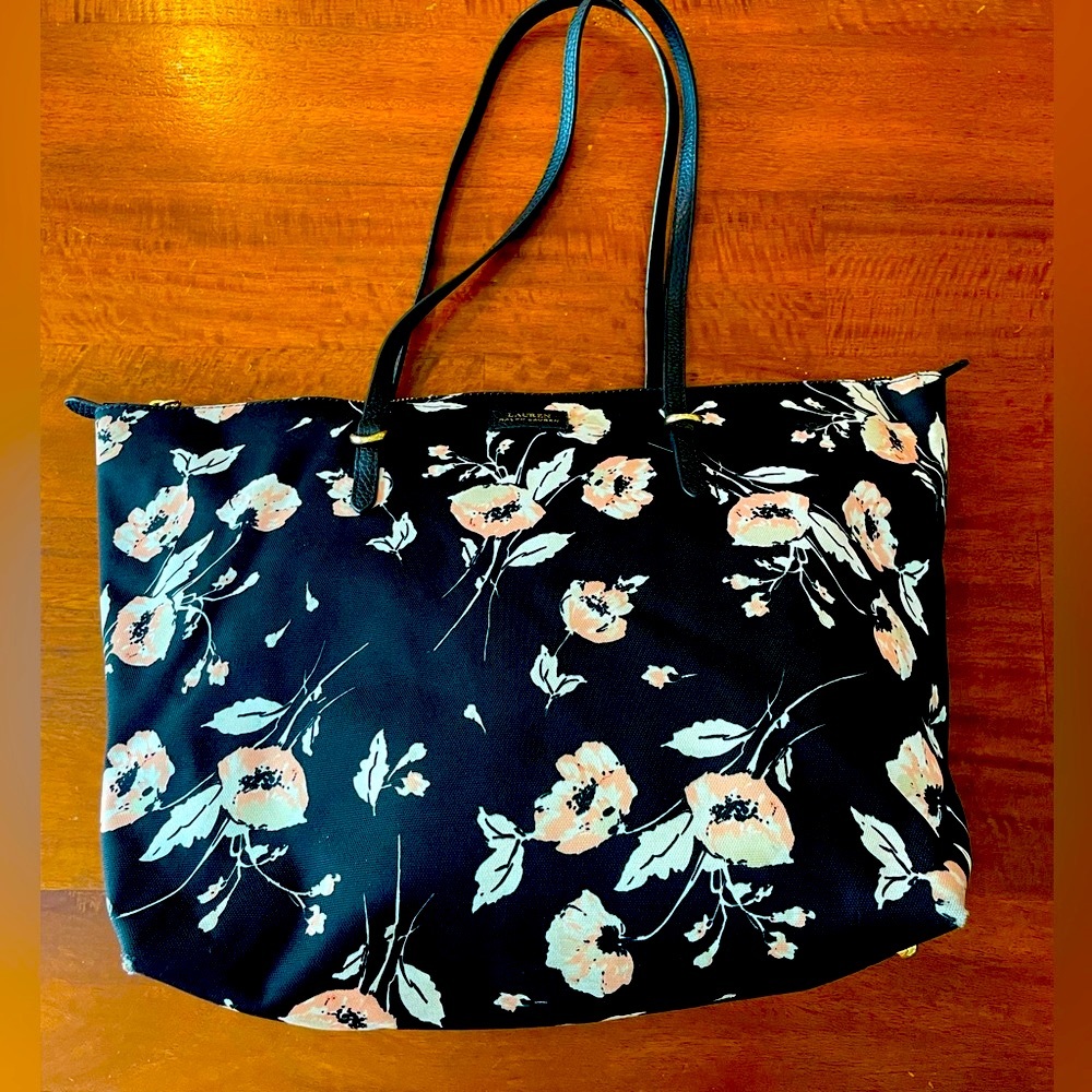 Lauren Ralph Lauren Fabric Zip Top Tote Leather Trim